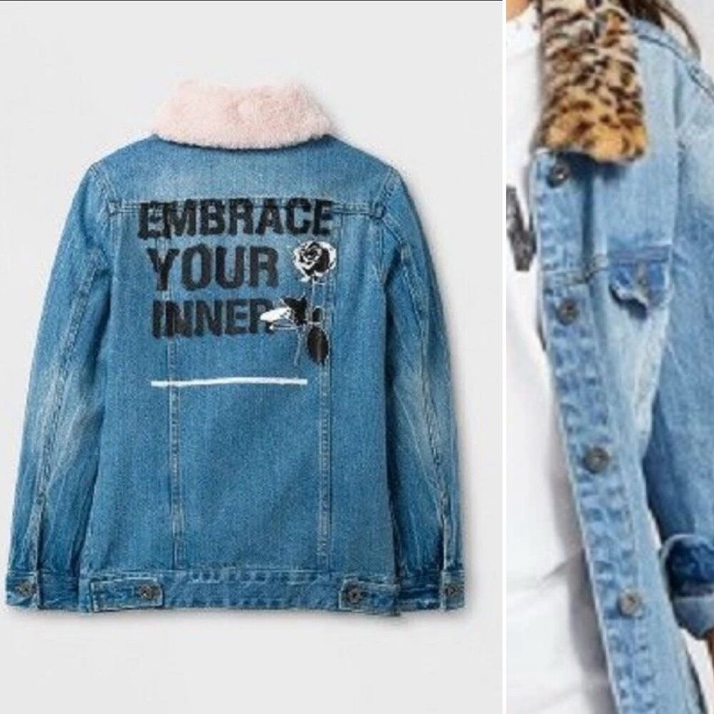 Denim jacket with leopard and pink customizable fuzzy collars Size 10/12 Large